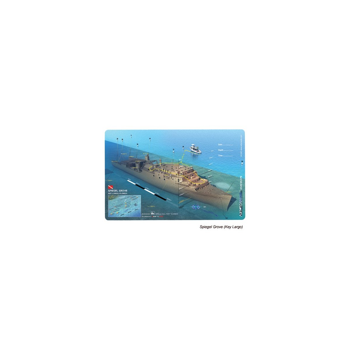 Spiegel Grove in Key Largo, Florida (8.5 x 5.5 Inches) (21.6 x 15cm) - New Art to Media Underwater Waterproof 3D Dive Site Map